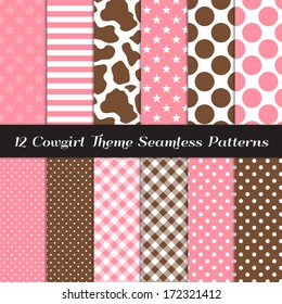 Cowgirl Theme Seamless Pattern Pack with Cow Skin Print, Pink and Brown Gingham, Polka Dots, Stripes and Stars Backgrounds. Perfect for kids birthday party! Pattern Swatches made with Global Colors.