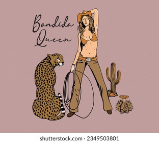 cowgirl with tiger vector illustration,  bandida queen, cowgirl in western desert artwork, rodeo girl design for t shirt, sticker, poster 