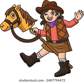 Cowgirl and Toy Horse Cartoon Colored Clipart 