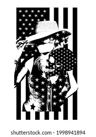 Cowgirl with USA flag and skull icon, black and white color, vector illustration background 