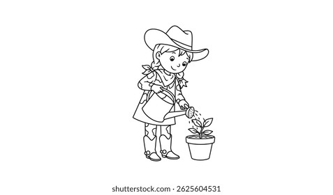 Cowgirl Usando Lata De Rega Simples Para Pote Contorno De Planta Ranch Jardinagem Tema Stock Coloração Página Crianças Atividade Alegria