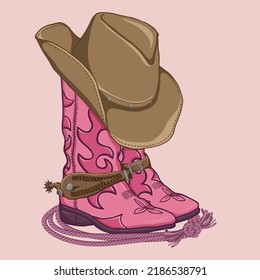 Cowgirl vector boots and hat. T-shirt or poster design of wild side. illustration of Cowgirl boots with western Hat and rope