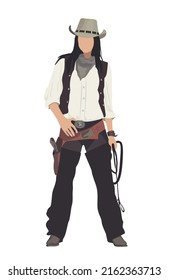 Cowgirl vector cartoon style flat illustration isolated white background. Wild west Pretty young woman wearing traditional western outfit with cowboy hat, bandana, lasso and gun standing front view. 