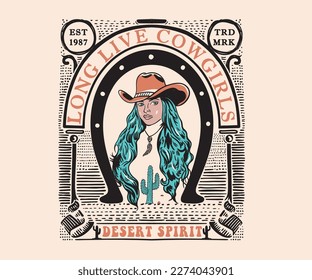 cowgirl vintage print design, cowgirl portrait vector drawing, western cowgirl in hat retro vintage design, women print design with typography 