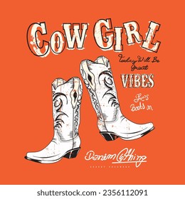 Cowgirl vintage vector graphic print for t-shirt design, . T-shirt or poster design of wild side. illustration of Cowgirl boot with western hat vector design.