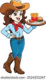 A cowgirl as waitrees holding a tray with food vector illustration. Image of fried chicken, french fries, and burger.