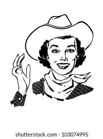 Cowgirl Waving - Retro Clipart Illustration