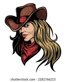 Cowgirl wearing bandana and hat, portrait symbol, isolated on white background. Cowgirl vector illustration.