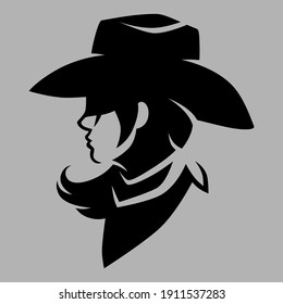 Cowgirl wearing bandana portrait side view symbol on gray backdrop. Design element