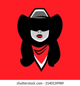 Cowgirl wearing bandana portrait symbol on red backdrop. Design element