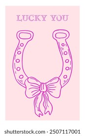 Cowgirl western art. Coquette aesthetic. Horseshoe with a charming bow trendy poster. Hand drawn pink line art vector illustration.