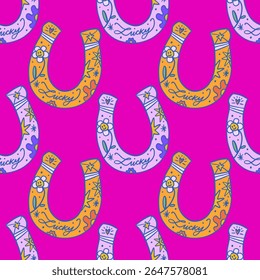 Cowgirl western art groovy boho hippie coquette aesthetic seamless pattern. Horseshoe with Lucky text lettering. Hand drawn line coloring art vector illustration clipart. Bohemian postmodern funky