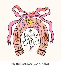 Cowgirl western art groovy boho hippie coquette aesthetic. Pink horseshoe with Lucky text lettering. Hand drawn line coloring art vector illustration clipart. Bohemian postmodern funky psychedelic