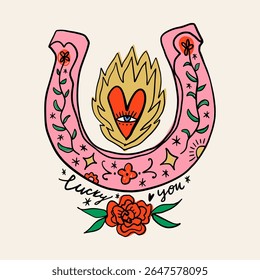 Cowgirl western art groovy boho hippie coquette aesthetic. Pink horseshoe with Lucky text lettering. Hand drawn line coloring art vector illustration clipart. Bohemian postmodern funky psychedelic