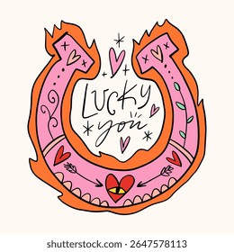 Cowgirl western art groovy boho hippie coquette aesthetic. Pink horseshoe with Lucky text lettering. Hand drawn line coloring art vector illustration clipart. Bohemian postmodern funky psychedelic