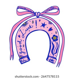 Cowgirl western art groovy boho hippie coquette aesthetic. Pink horseshoe with Lucky text lettering. Hand drawn line coloring art vector illustration clipart. Bohemian postmodern funky psychedelic