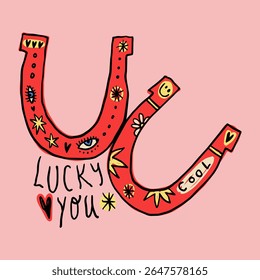 Cowgirl western art groovy boho hippie coquette aesthetic. Horseshoe with Lucky text lettering. Hand drawn line coloring art vector illustration clipart. Bohemian postmodern funky psychedelic style
