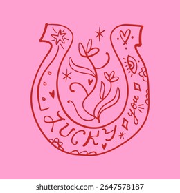 Cowgirl western art groovy boho hippie coquette aesthetic. Pink horseshoe with Lucky text lettering. Hand drawn line coloring art vector illustration clipart. Bohemian postmodern funky psychedelic