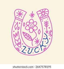 Cowgirl western art groovy boho hippie coquette aesthetic. Pink horseshoe with Lucky text lettering. Hand drawn line coloring art vector illustration clipart. Bohemian postmodern funky psychedelic