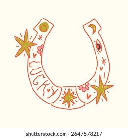 Cowgirl western art groovy boho hippie coquette aesthetic. Horseshoe with Lucky text lettering. Hand drawn line coloring art vector illustration clipart. Bohemian postmodern funky psychedelic style