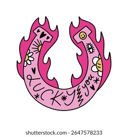 Cowgirl western art groovy boho hippie coquette aesthetic. Pink horseshoe with Lucky text lettering. Hand drawn line coloring art vector illustration clipart. Bohemian postmodern funky psychedelic