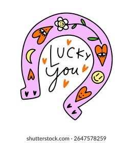 Cowgirl western art groovy boho hippie coquette aesthetic. Pink horseshoe with Lucky text lettering. Hand drawn line coloring art vector illustration clipart. Bohemian postmodern funky psychedelic