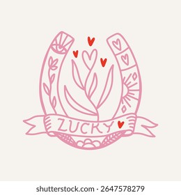 Cowgirl western art groovy boho hippie coquette aesthetic. Pink horseshoe with Lucky text lettering. Hand drawn line coloring art vector illustration clipart. Bohemian postmodern funky psychedelic