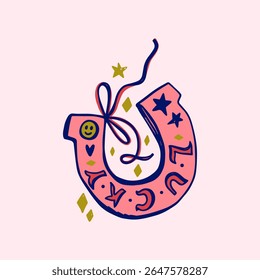 Cowgirl western art groovy boho hippie coquette aesthetic. Pink horseshoe with Lucky text lettering. Hand drawn line coloring art vector illustration clipart. Bohemian postmodern funky psychedelic