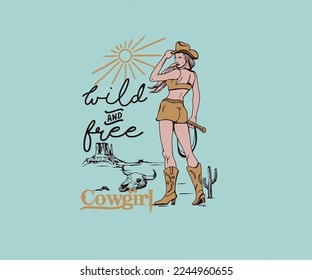 cowgirl western print design, western country girl vector illustration, cactus desert vector illustration with typography 