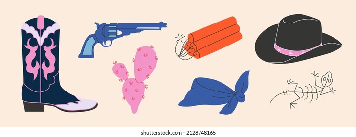 Cowgirl western theme, wild west concept. Various cartoon objects. Boots, cactus, dynamite, hat, skeleton, bandana, gun. Hand drawn flat colorful vector set. All elements are insolated