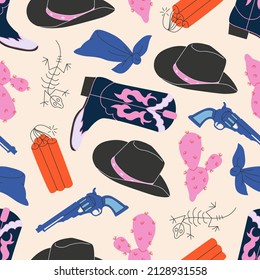 Cowgirl western theme, wild west fashion style. Various cartoon objects. Boots, cactus, dynamite, hat, skeleton, bandana, gun. Hand drawn flat colorful vector seamless pattern. 