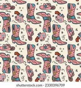 Cowgirl western theme, wild west concept seamless pattern. Home decor, Textile design, Wrapping paper, Stationery, Scrapbooking, Digital wallpapers, Website backgrounds. Vector illustration.