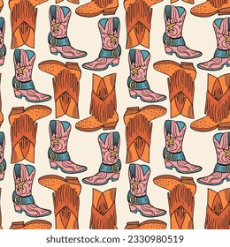 Cowgirl western theme, wild west concept seamless pattern. Home decor, Textile design, Wrapping paper, Stationery, Scrapbooking, Digital wallpapers, Website backgrounds. Vector illustration.