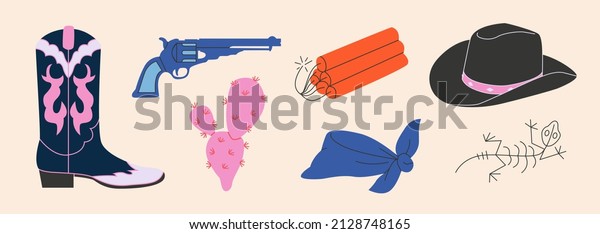 Cowgirl\
western theme, wild west concept. Various cartoon objects. Boots,\
cactus, dynamite, hat, skeleton, bandana, gun. Hand drawn flat\
colorful vector set. All elements are\
insolated