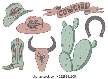 Cowgirl western vector collection. Cowboy boot, hat, bull skull, horseshoe, cactus, lettering.