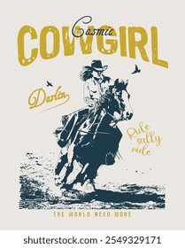 Cowgirl western and wild west theme. Hand drawn vector. T-shirt or poster design with illustration of cowgirl. Vintage illustration of cowgirl vector t shirt design.