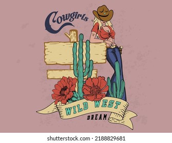 cowgirl con ilustración de cactus silvestres y diseño de vectores de tipografía