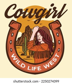 Cowgirl wild life west artwork corporate design templates, t-shirts, souvenirs, invitations, or flat icons. Vintage wild west emblem. country music typography, rodeo, cowboy.		