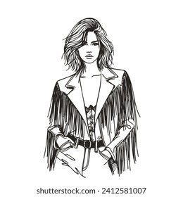 Cowgirl woman, fringed jacket in line art style. Modern western style