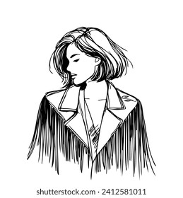 Cowgirl woman, fringed jacket in line art style. Modern western style