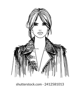 Cowgirl woman, fringed jacket in line art style. Modern western style