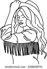 Cowgirl woman poses holding hat, fringed jacket in line art style. Modern western style art for prints, print for t-shirts, posters, textiles, cards, and others