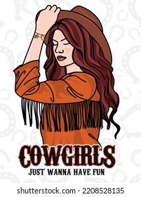 Cowgirl woman poses holding hat, fringed jacket in line art style. Modern western style art for prints, print for t-shirts, posters, textiles, cards, and others