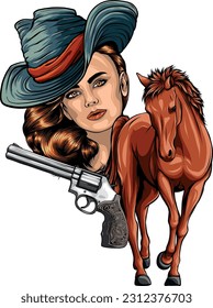 cowgirl woman wearing cowboy hat and with wild mustang horse head vector