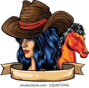 cowgirl woman wearing cowboy hat and with wild mustang horse head vector