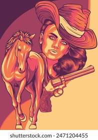 cowgirl woman wearing cowboy hat and with wild mustang horse head vector