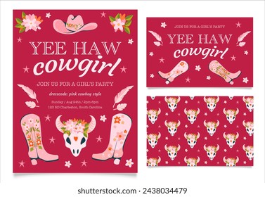 Cowgirl yeehaw birthday party invitation cards. Cowboy wild western concept in red colors for posters or greeting cards. Hand drawn design elements, boots, hat, cow skull, quill, flowers. Vector illus