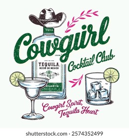 Cowgirls cocktail club. cowgirl social club logo type artwork, cowgirl t shirt design, American social club graphic print, Cowgirl in a glass of martini cocktail. Bachelorette party icon.