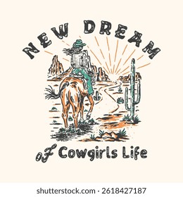 cowgirls illustration horse graphic desert design old badge cactus vintage town