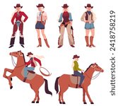 Cowgirls, set of vector illustrations isolated on white background drawn in flat cartoon style. Beautiful young women in hats and riding horses, dressed in wild west style. Western female characters